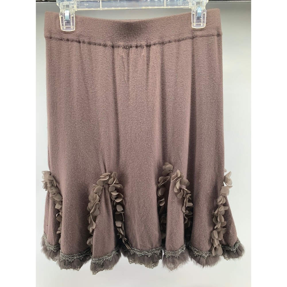 Preziosa Knit Skirt Brown Ruffle Flower Trim Flounce Hem‎ Cashmere Blend S M